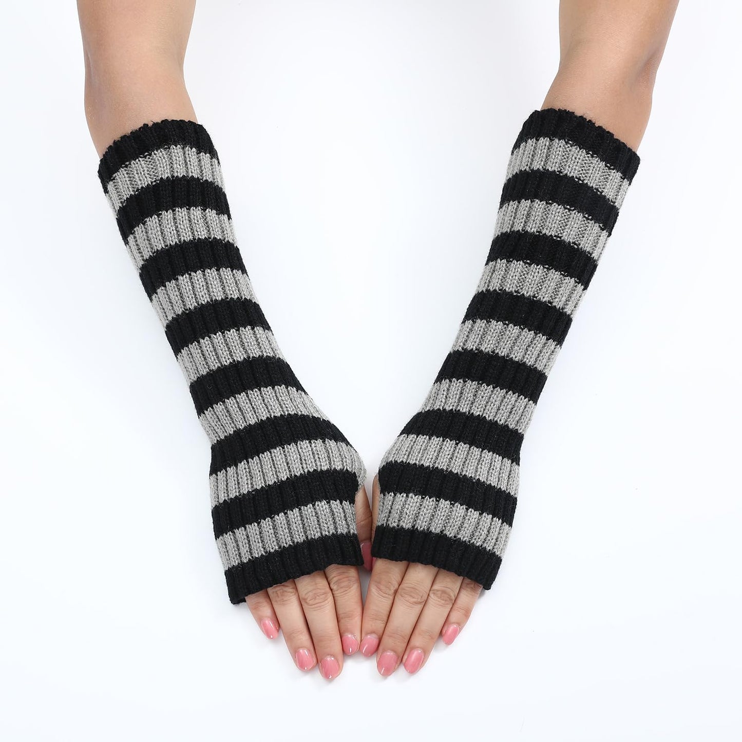 Y2k Striped Arm Warmers Long Fingerless Knitted Gloves Punk Gothic Alt Emo Scene Cool Winter Arm Sleeves Grunge Accessories (Gray,One Size)