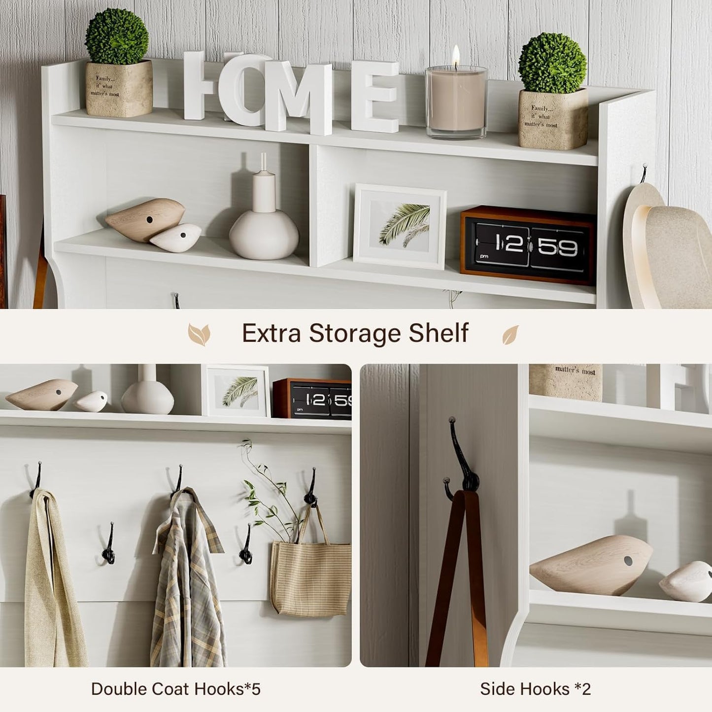 4ever2buy Hall Tree with Bench and Shoe Storage, 5-in-1 Entryway Bench with Coat Rack, Entryway Hall Tree with Adjustable Shelf, White