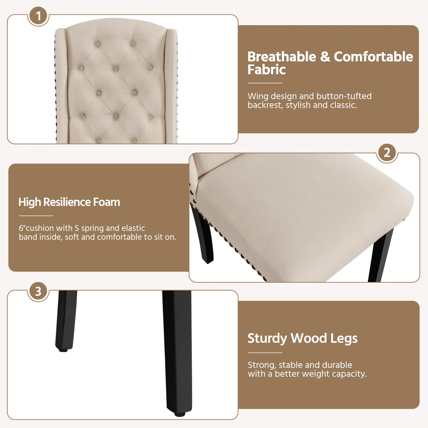 Yaheetech Upholstered Dining Chairs Set of 6 Button Tufted Kitchen Chairs with Solid Wood Legs and Nailhead Trims for Dining Room, Living Room, Restaurant, Beige