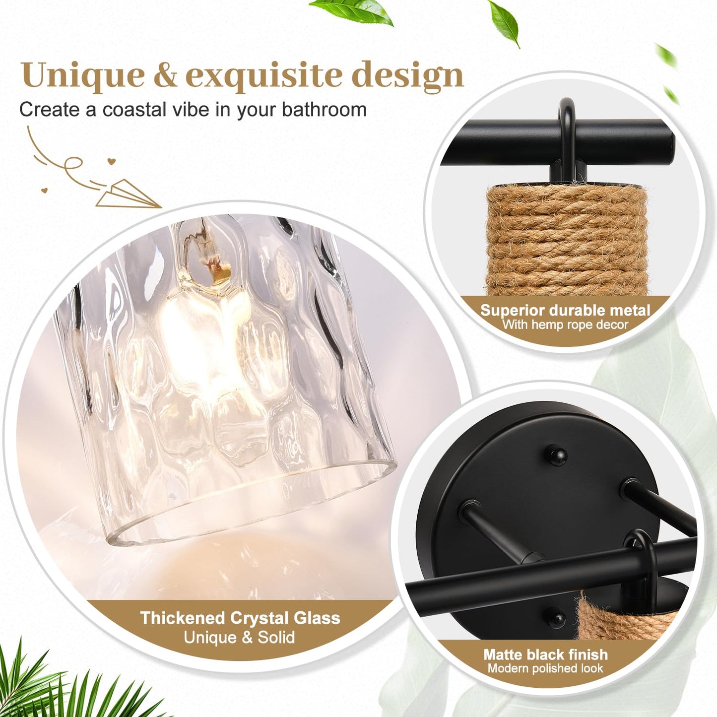 2025 Upgrade 3-Light Bathroom Light Fixtures, Coastal Vanity Lights with Crystal Glass Shade, Black Bathroom Wall Lamp for Mirror Kitchen Hallway Cabinet