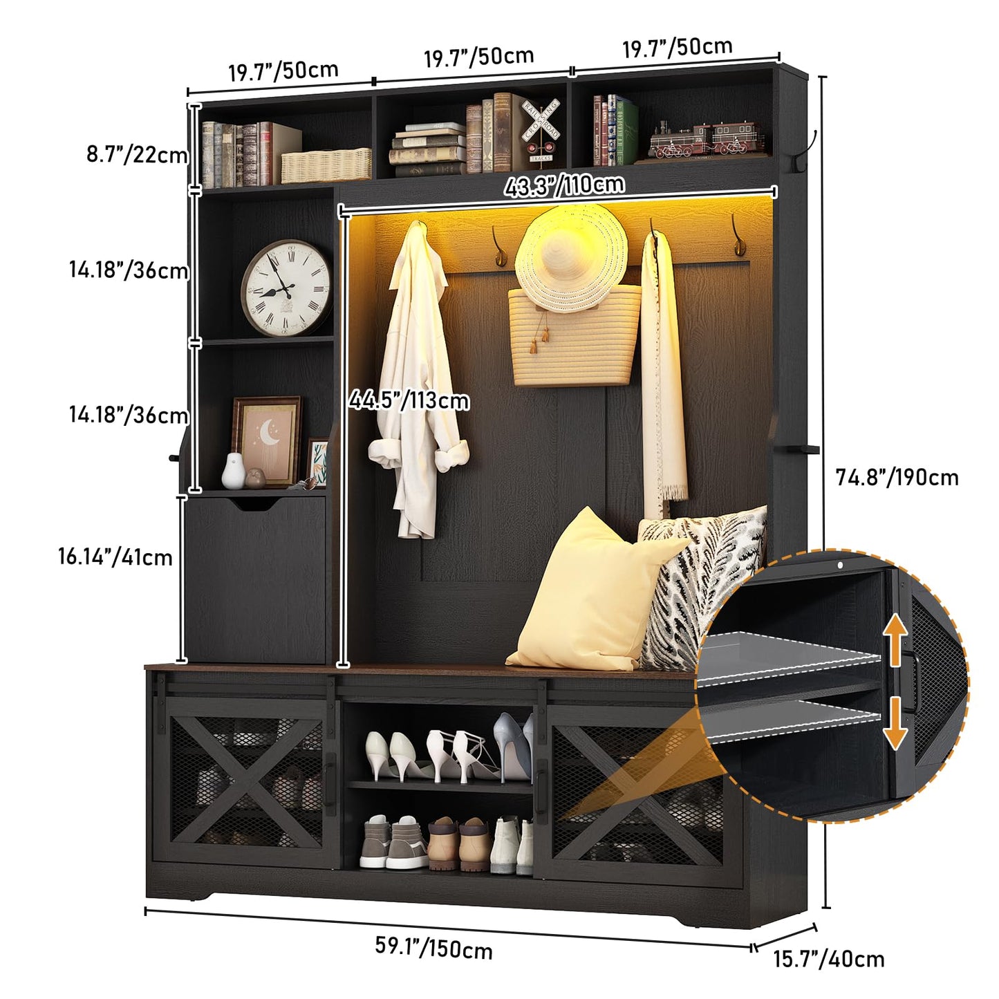 75''H LED Farmhouse Hall Tree with Bench and Shoe Storage,Entryway Bench with Coat Rack,16 Shoe Cubbies & Umbrella Holder and Sock Storage Drawer,Mudroom/Hallway Storages Cabinet(black)