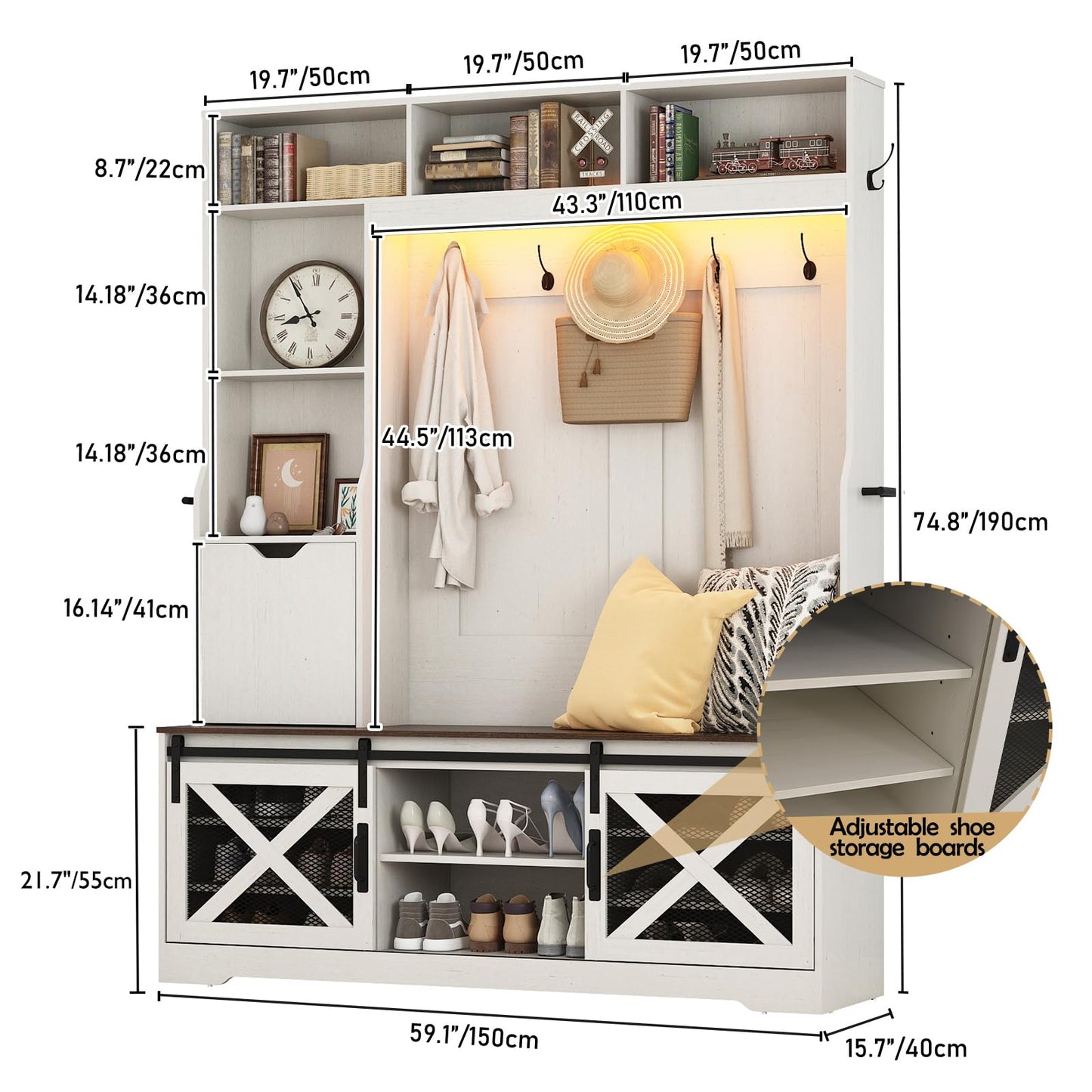 75''H LED Farmhouse Hall Tree with Bench and Shoe Storage,Entryway Bench with Coat Rack,16 Shoe Cubbies & Umbrella Holder and Sock Storage Drawer,Mudroom/Hallway Storages Cabinet(white )