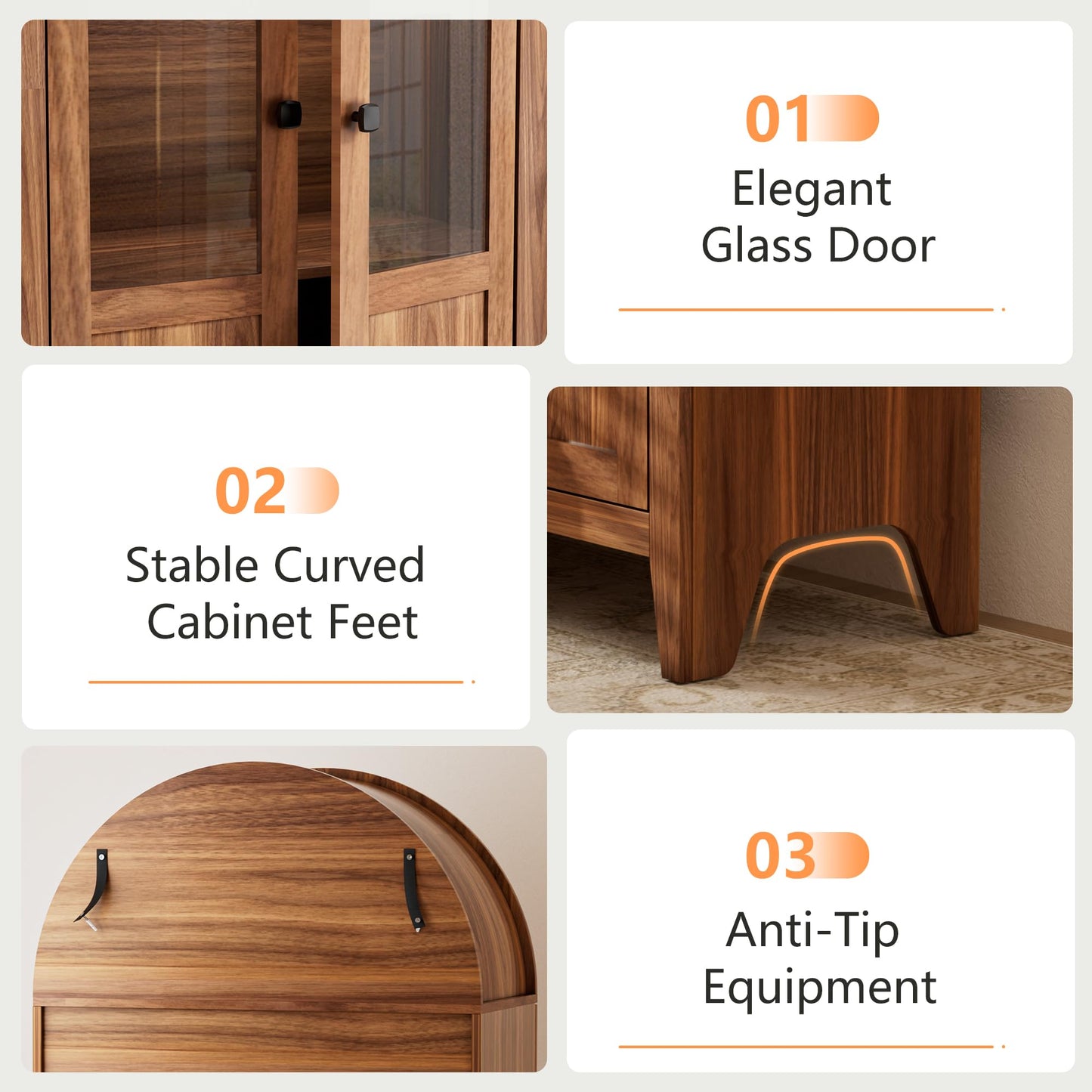 71" Tall Arched Kitchen Pantry Cabinet, Arched Cabinet with Glass Doors, Wooden Bookshelf, Versatile Cupboard for Kitchen, Living Room, Dining Room, Entryway