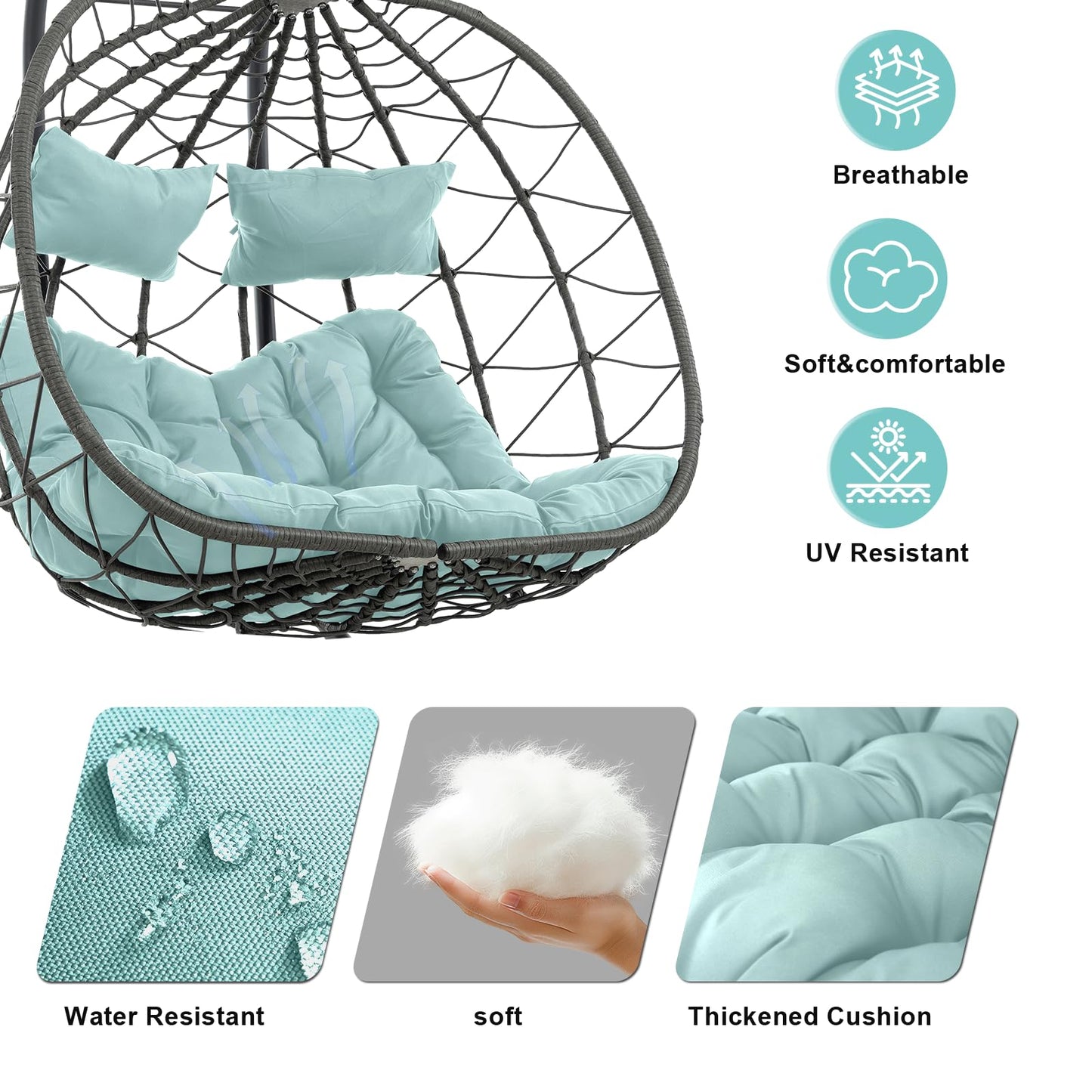 2 Person Double Egg Swing Chair with Stand Indoor Outdoor, Hammock Swing Chair Foldable Hanging Chair, Patio Wicker Hanging Egg Chair w/Cushion 700LBS Capacity for Bedroom, Balcony, Garden, Blue
