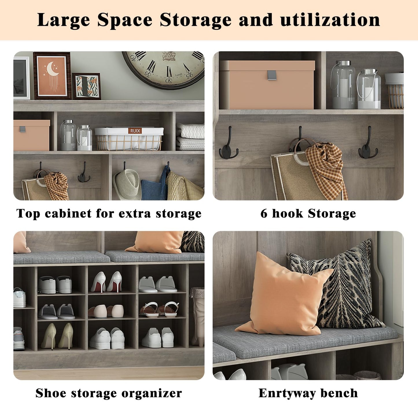 Wodeer Entryway Hall Tree with Bench and Shoe Storage, 53" Farmhouse 4-in-1 Mudroom Storage Organizer with Coat Rack, 6 Double Hooks, 12 Shoe Cubbies, Adjustable Shelf, for Hallway, Bedroom, Grey