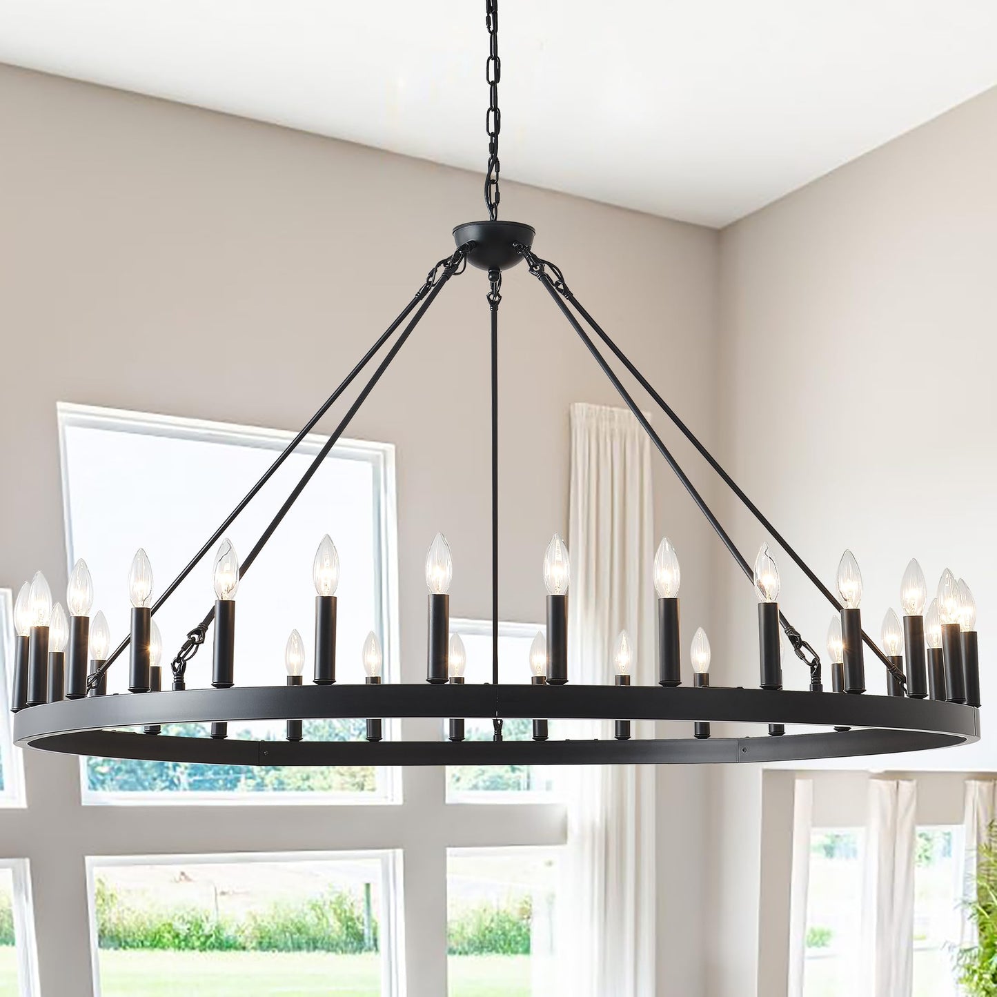 53 Inch Large Black Wagon Wheel Chandelier 30-Light Farmhouse Wagon Wheel Chandeliers Round Industrial Ceiling Light fixtures for Outdoor Porch high Ceilings Living Dining Room Foyer Entryway