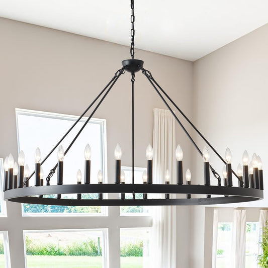 53 Inch Large Black Wagon Wheel Chandelier 30-Light Farmhouse Wagon Wheel Chandeliers Round Industrial Ceiling Light fixtures for Outdoor Porch high Ceilings Living Dining Room Foyer Entryway