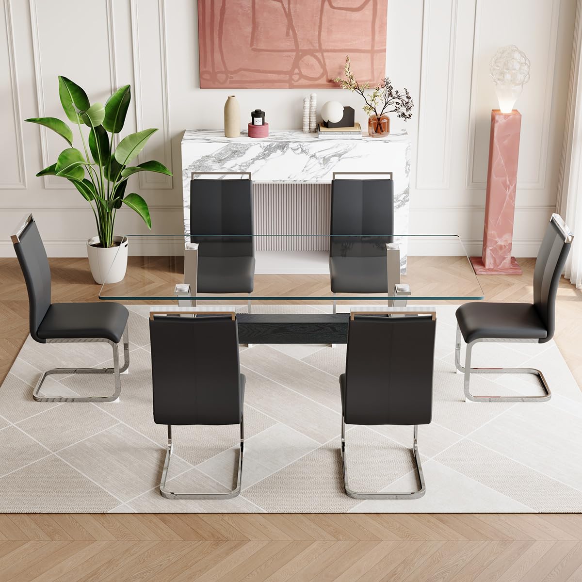71" Glass Dining Table Set for 6, Modern Dining Table Set for 6, 0.4" Thick Tempered Glass Tabletop with Silver Chrome Metal Legs and Black Crossbar, 6 PU Chairs for Dining Room, Kitchen
