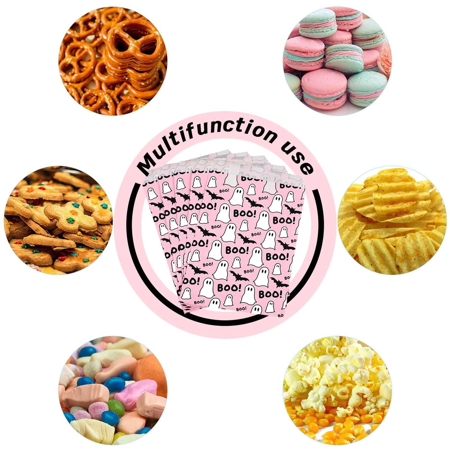 100pcs Halloween Treat Bags - Pink & Black Boo Ghost Paper Goodie Candy Bags for Trick or Treat Party Supplies