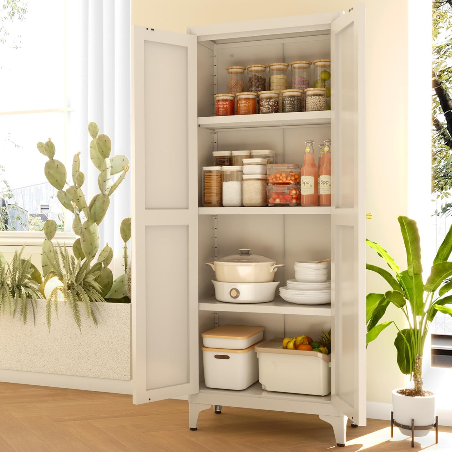 65" Tall Kitchen Cabinet,Food Pantry Cabinets with Doors and Adjustable Shelves,White Metal Storage Cabinets,Large and Portable Arganization Cabinet for Pantries Kitchen Living Room Bathroom