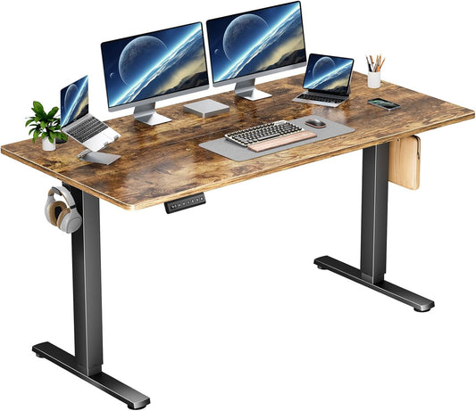 Whitmor Electric Standing Desk - 55 x 24 Inch Height Adjustable Computer Desk, Sit to Stand Home Office Table with Splice Board, 2 Hooks & Wire Hole, Brown