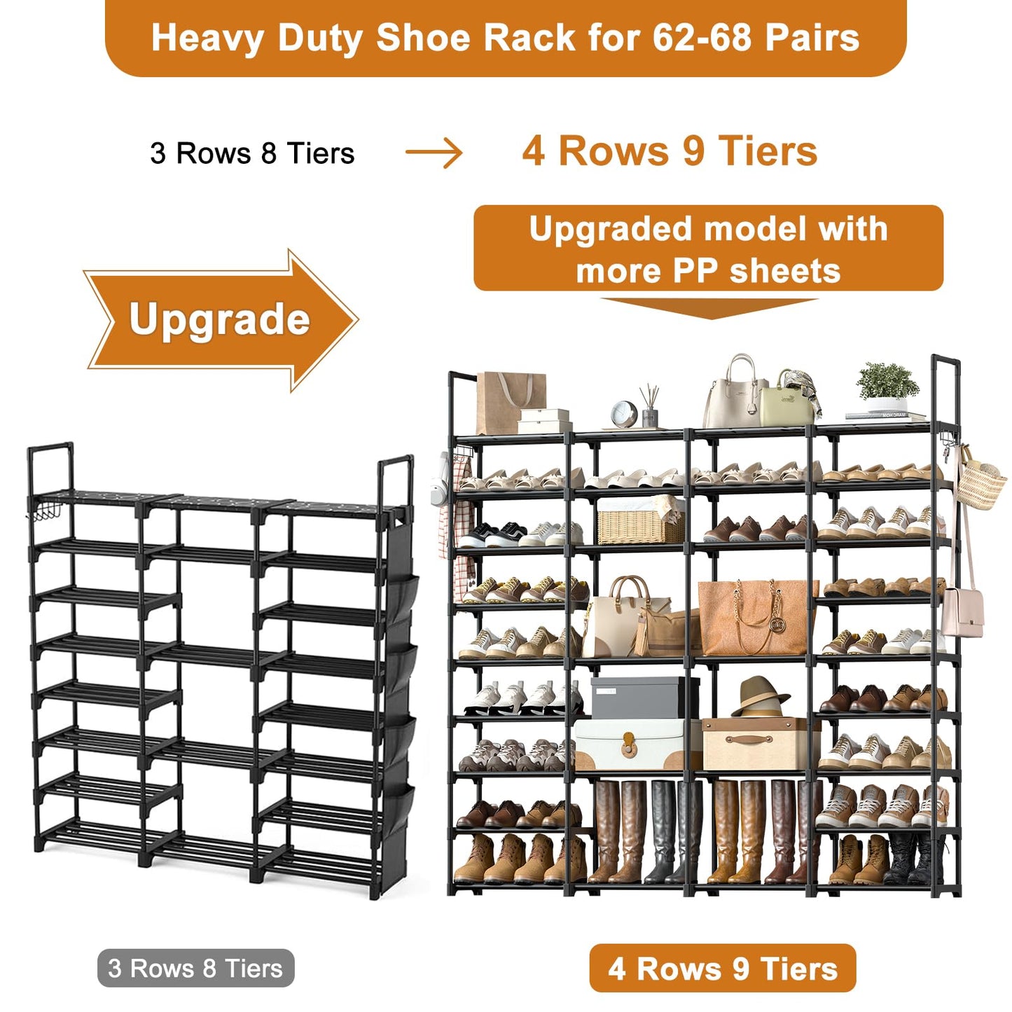 WOWLIVE 4 Row 9 Tiers Extra Large Shoe Rack 72-80 Pairs Big Tall Metal Shoe Shelf, Heavy Duty Organizer for Closet Entryway, Boot Rack Storage Stackable Stand for Garage Black