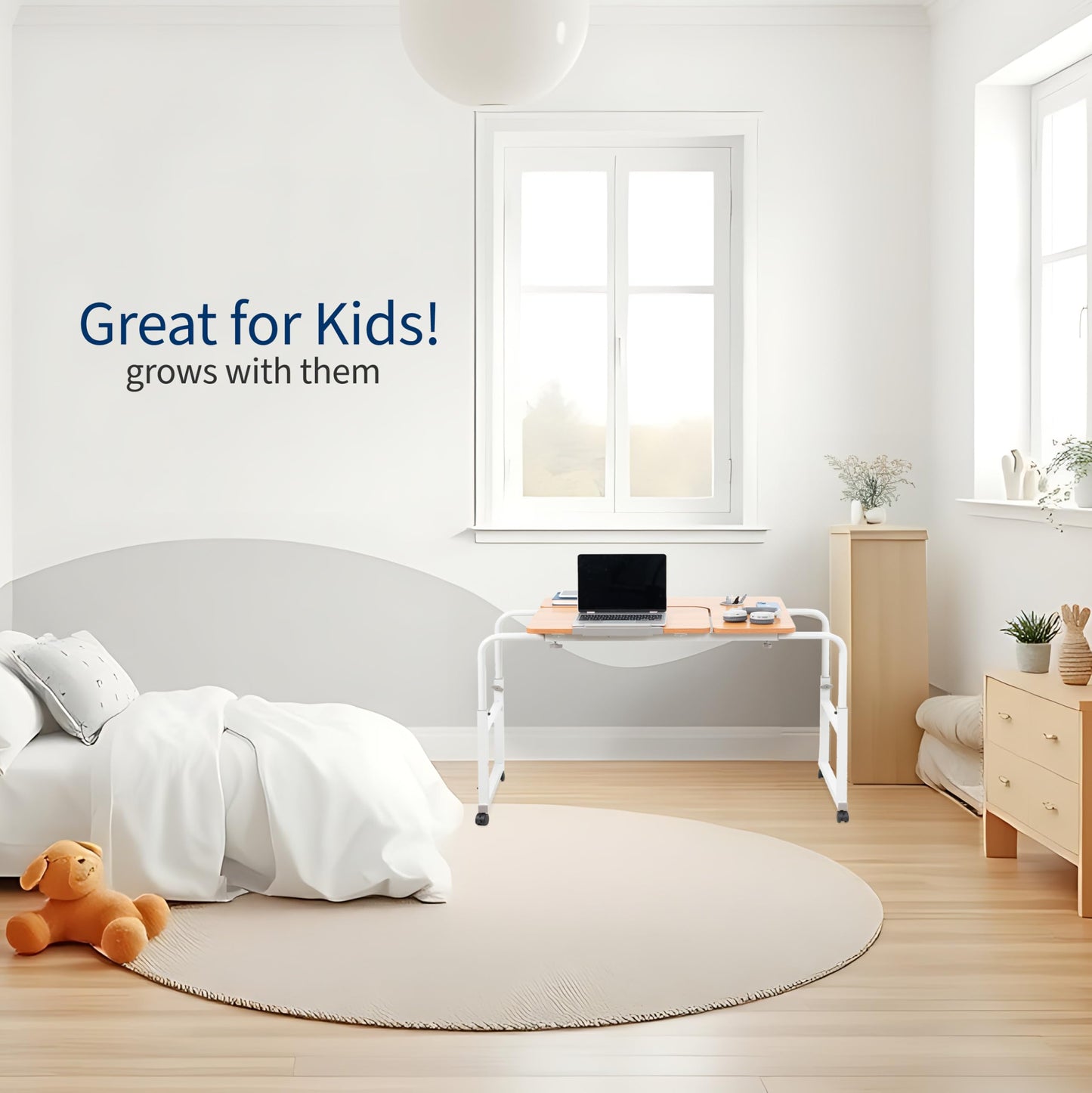 VIVO Mobile Over The Bed and Recliner Table, Tilting Laptop Tray with Height and Length Frame Adjustment, Ergonomic Overbed Kids and Adult Desk on Wheels, Light Wood, DESK-V202A