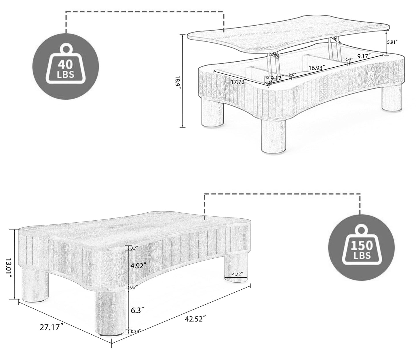 42'' Fluted Lift-top Coffee Table, Modern Butterfly Coffee Table Accent Tea Table with Hidden Storage and Adjustable Height for Living Room, Bedroom, Apartment or Office