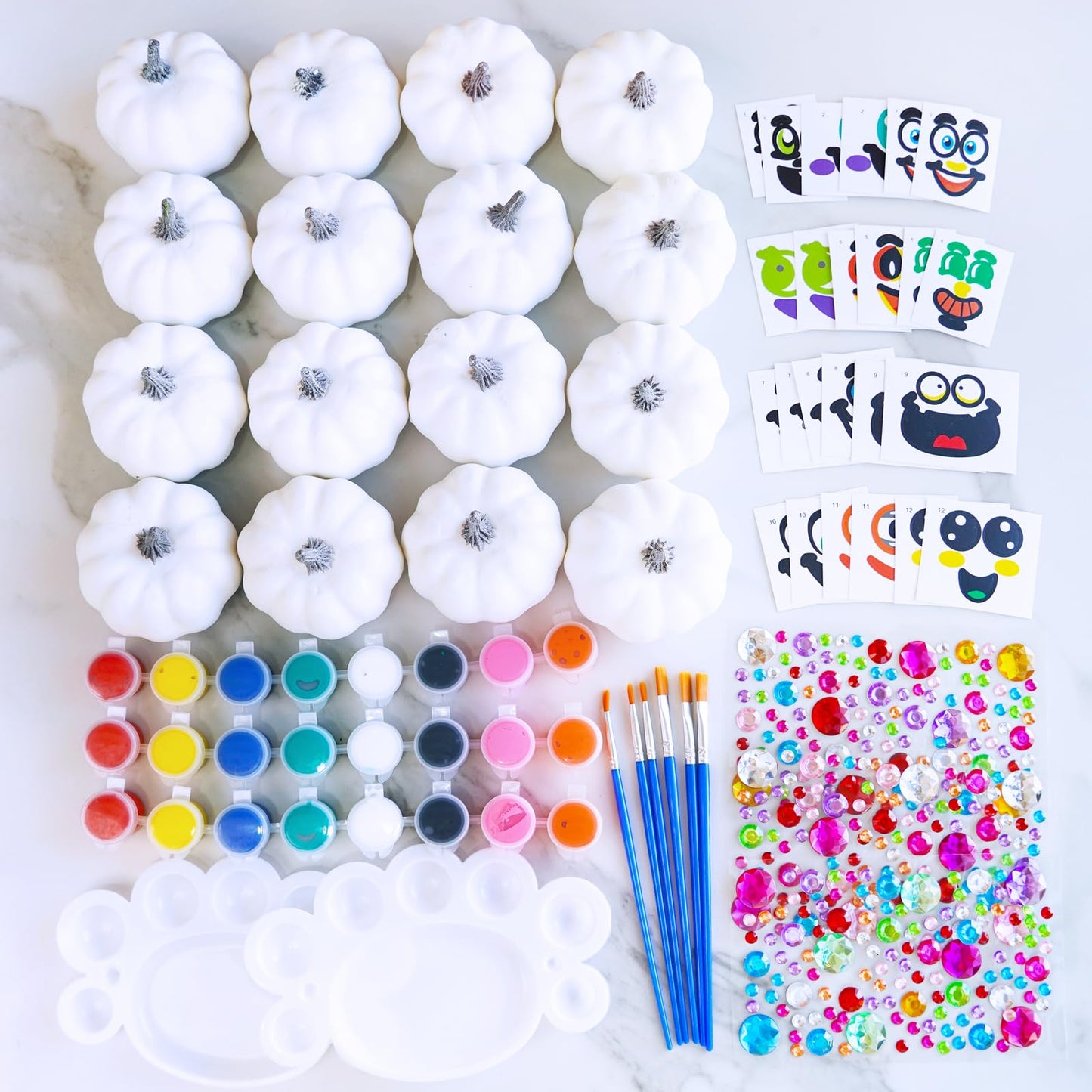 Winlyn 16 Sets 3" DIY Fall Pumpkin Painting Kits Paint Your Own Pumpkins White Foam Craft Pumpkins with Jack-O-Lantern Face Stickers for Classroom Thanksgiving Halloween Decor Holiday Party Activities