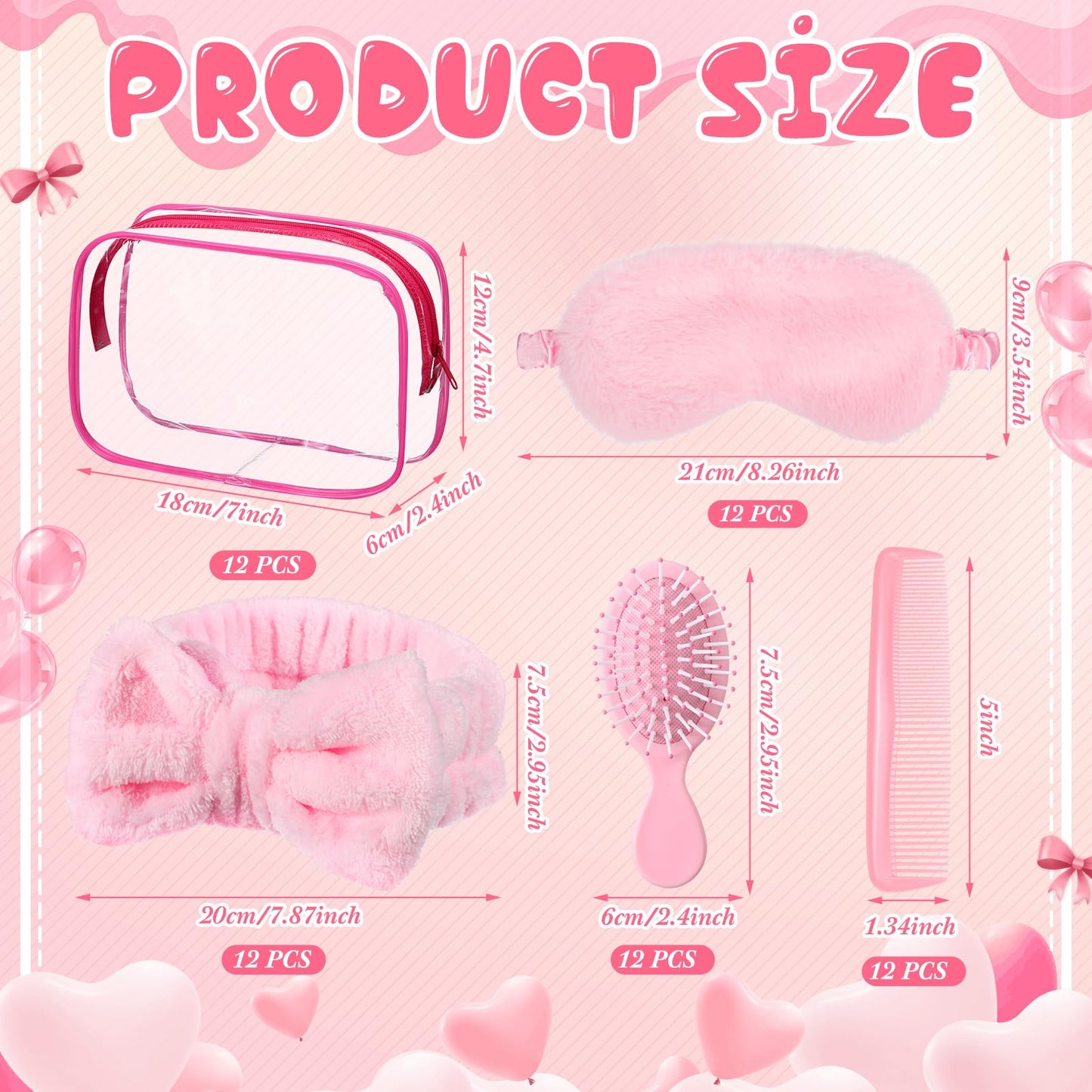 Wavyknot 60 Pcs Sleepover Party Supplies 12 Pink Spa Headband 12 Plush Sleep Eye Mask 12 Mini Hair Brush 12 Combs 12 Clear Cosmetic Bags Bulk for Christmas Spa Slumber Party Favors Gift