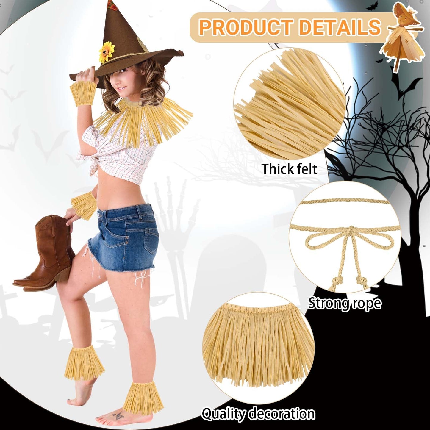 7 Pcs Scarecrow Costume Set Halloween Costume Scarecrow Belt Hat Rope Straw Kit for Oktoberfest Halloween Dress Up (Style 1)