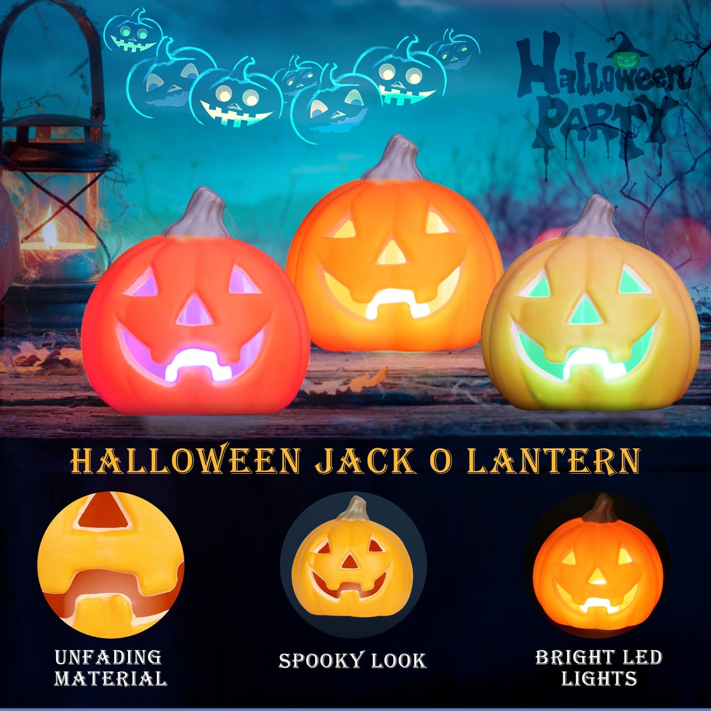 3 Pack Jack O Lantern, Lighted Pumpkin with Hat Halloween Decorations, Waterproof Indoor Outdoor Table Ornaments for Home Party Decor (Hat Pumpkin)