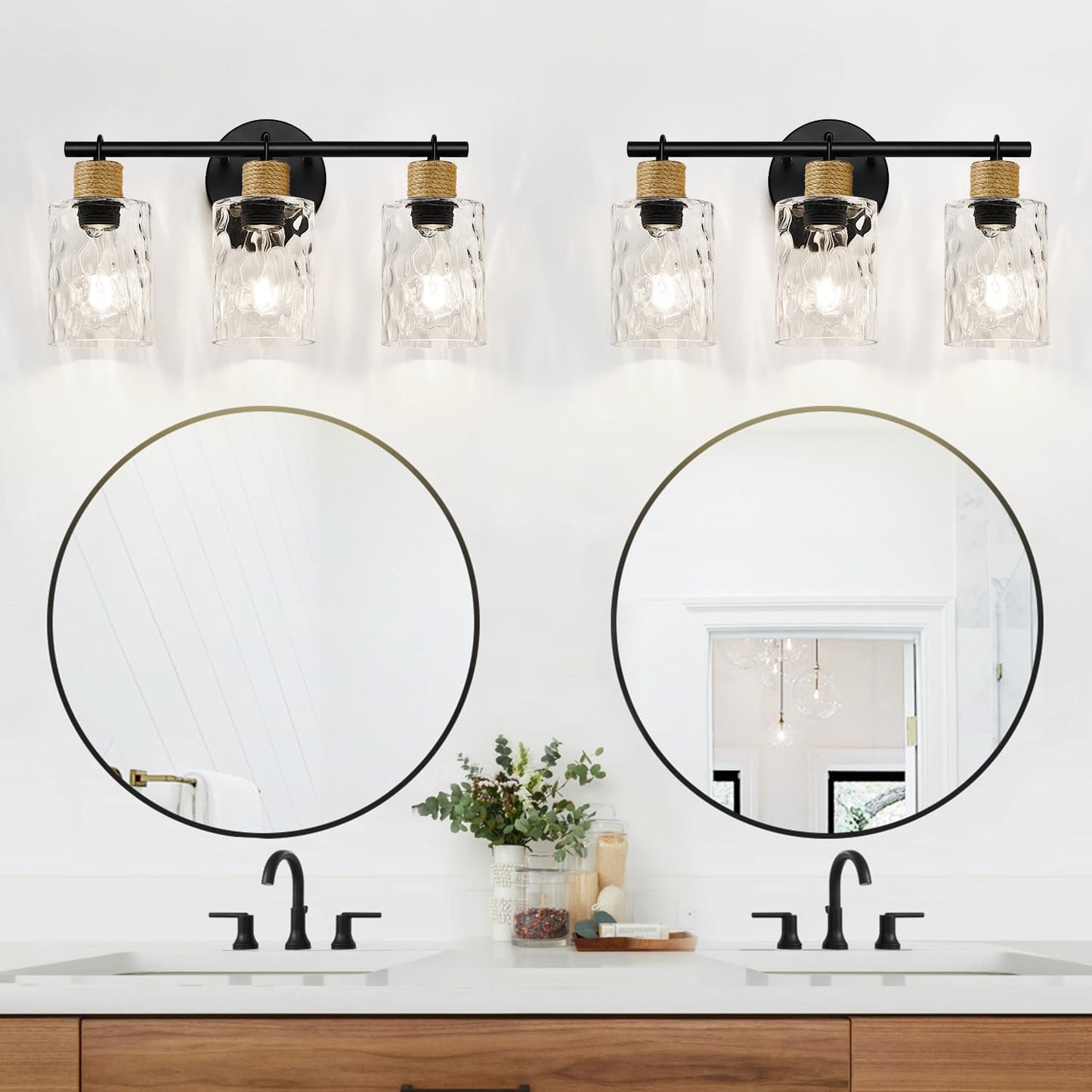 2025 Upgrade 3-Light Bathroom Light Fixtures, Coastal Vanity Lights with Crystal Glass Shade, Black Bathroom Wall Lamp for Mirror Kitchen Hallway Cabinet