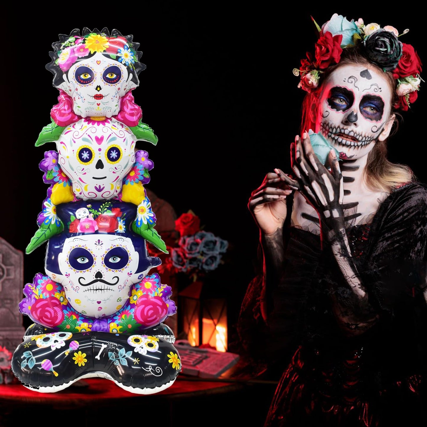 3 Pcs Skeleton Foil Balloons, Día de Muertos Day of the Dead Party Decorations, Halloween Skeleton Balloons,Halloween Spooky Party Supplies, Sugar Skull Balloons