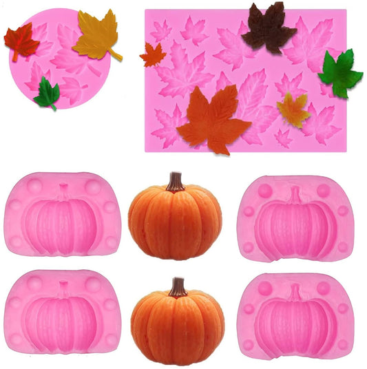 4Pcs 3D Pumpkin Silicone Mold Fall Thanksgiving Theme Silicone Mold Pumpkin Maple Leaves Fondant Molds for Autumn Harvest Making Cupcake Chocolate Cookie Candy Cake Decoration
