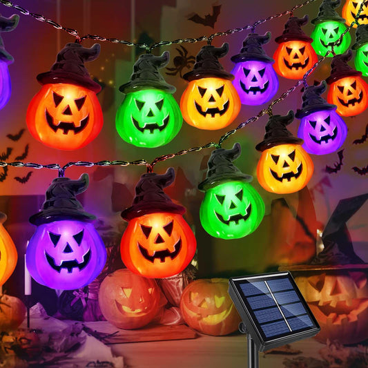 Windpnn Upgraded Solar Halloween Lights Outdoor, Solar Powered Pumpkin String Lights,16ft 20LED 8 Modes Waterproof Halloween String Lights for Garden Patio Landscape Halloween Decorations(Multicolor)