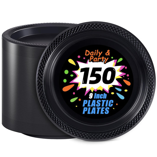 WELLIFE Black Plastic Plates 9 Inch -150 Count for Party, Plastic Disposable Dinner Plates for Easter Picnic BBQ