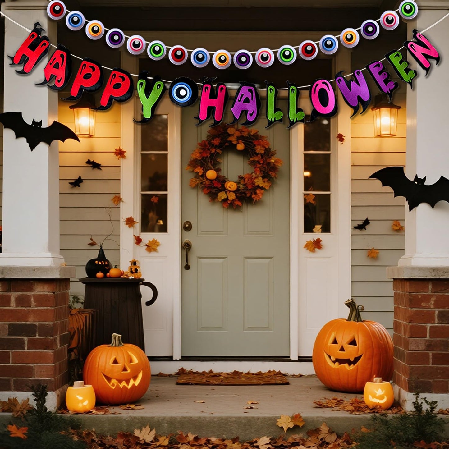 2Pcs Felt Halloween Banner Decorations, Pre-Strung Happy Halloween Garland with Eyeballs, Reusable Halloween Party Decorations for Mantle Wall Mantel Fireplace Home Indoor Outdoor Décor