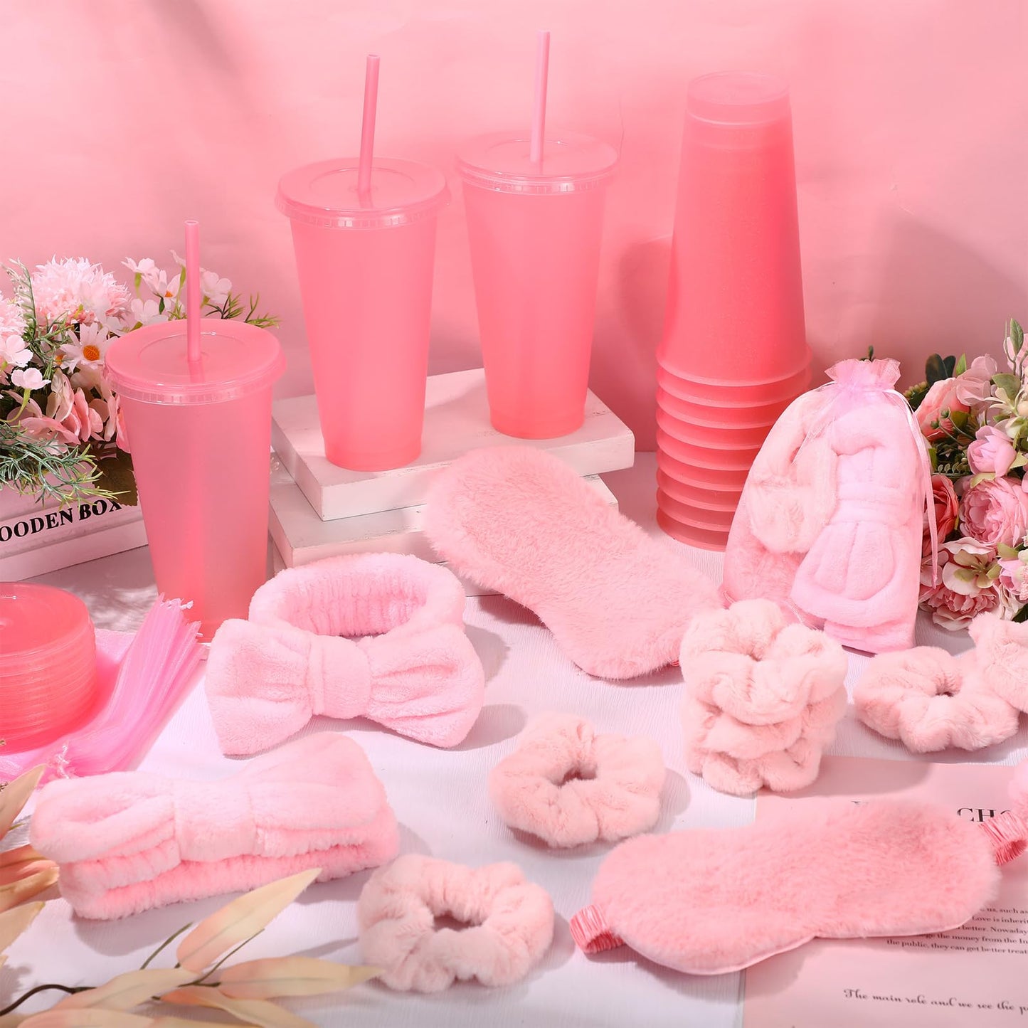 Wavyknot 60 Pcs Spa Sleepover Party Supplies Bulk Include 12 Pink Hairbands 12 Sleep Eye Masks 12 Plush Hair Scrunchies 12 Glitter Cups 12 Organza Bags for Women Sleepover Slumber Spa Party Favor Gift