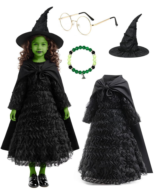 Witch Costume for Girls - Halloween Costume for Kids, Black Ruffled Witch Dress with Witch Hat, Cape, Glasses Cosplay Outfit