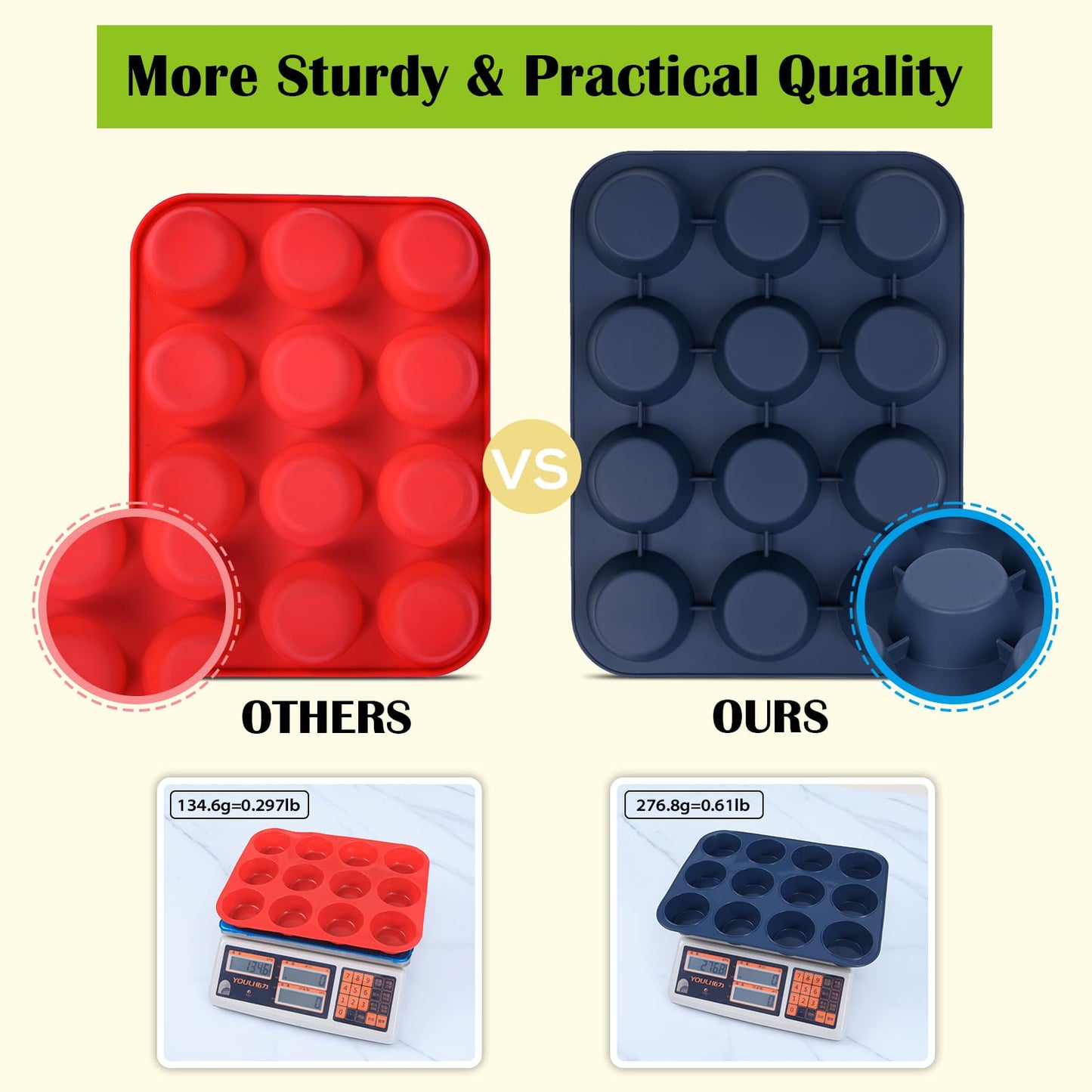 Vnray 2 Pack Silicone Muffin Baking Pan & Cupcake Tray 12 Cup - Nonstick Cake Molds/Tin, Silicon Bakeware, BPA Free, Dishwasher & Microwave Safe (12 Cup Size, Grey)
