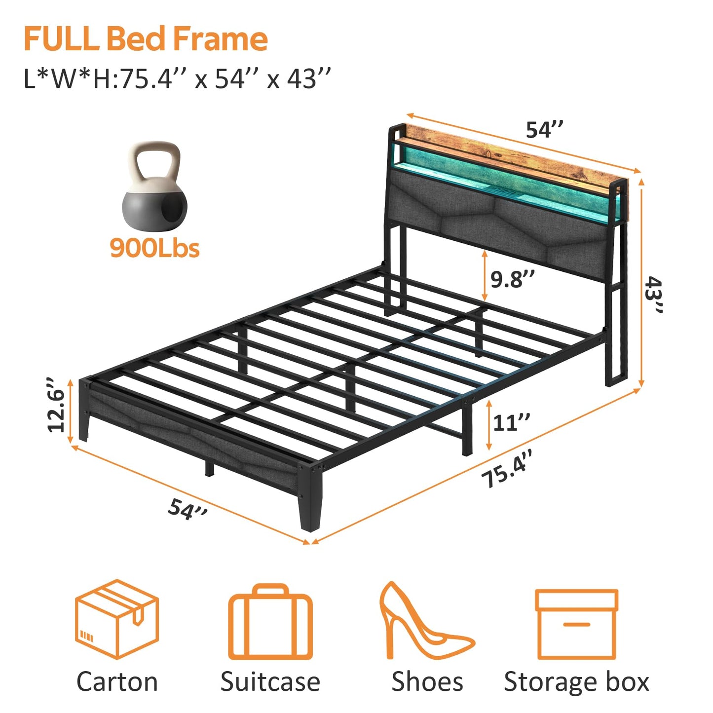 Winkalon Full Bed Frame, Storage Headboard with Charging Station,Platform Bed Frame with RGB Lights, Solid and Stable, Noise Free, No Box Spring Needed, Easy Assembly,Gray