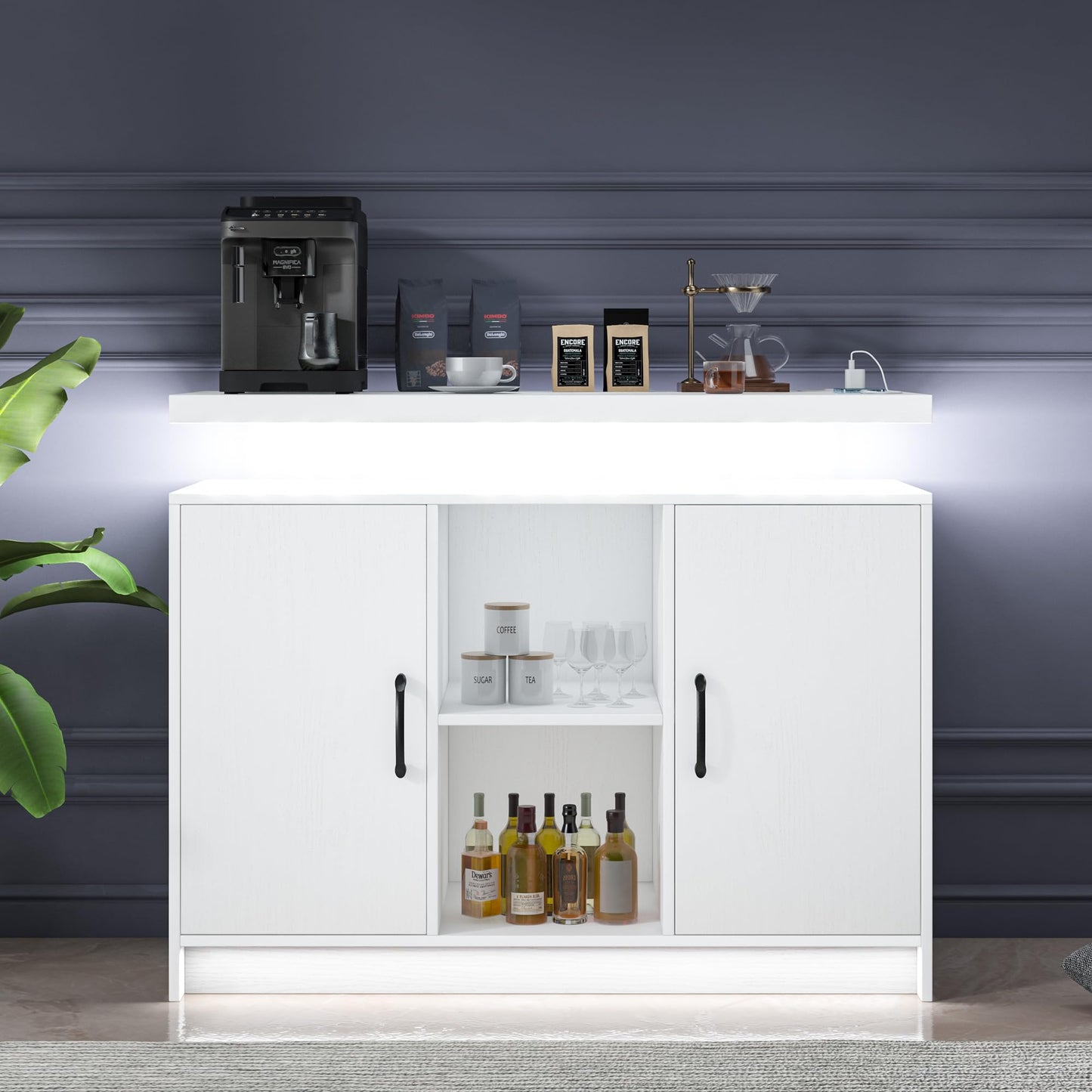 4 EVER WINNER White Buffet Cabinet with Storage, Bar Cabinet with Led Lights and Power Outlet, Floating Coffee Station with Adjustable Shelves, Modern Sideboard Cabinets for Kitchen, Dining Room