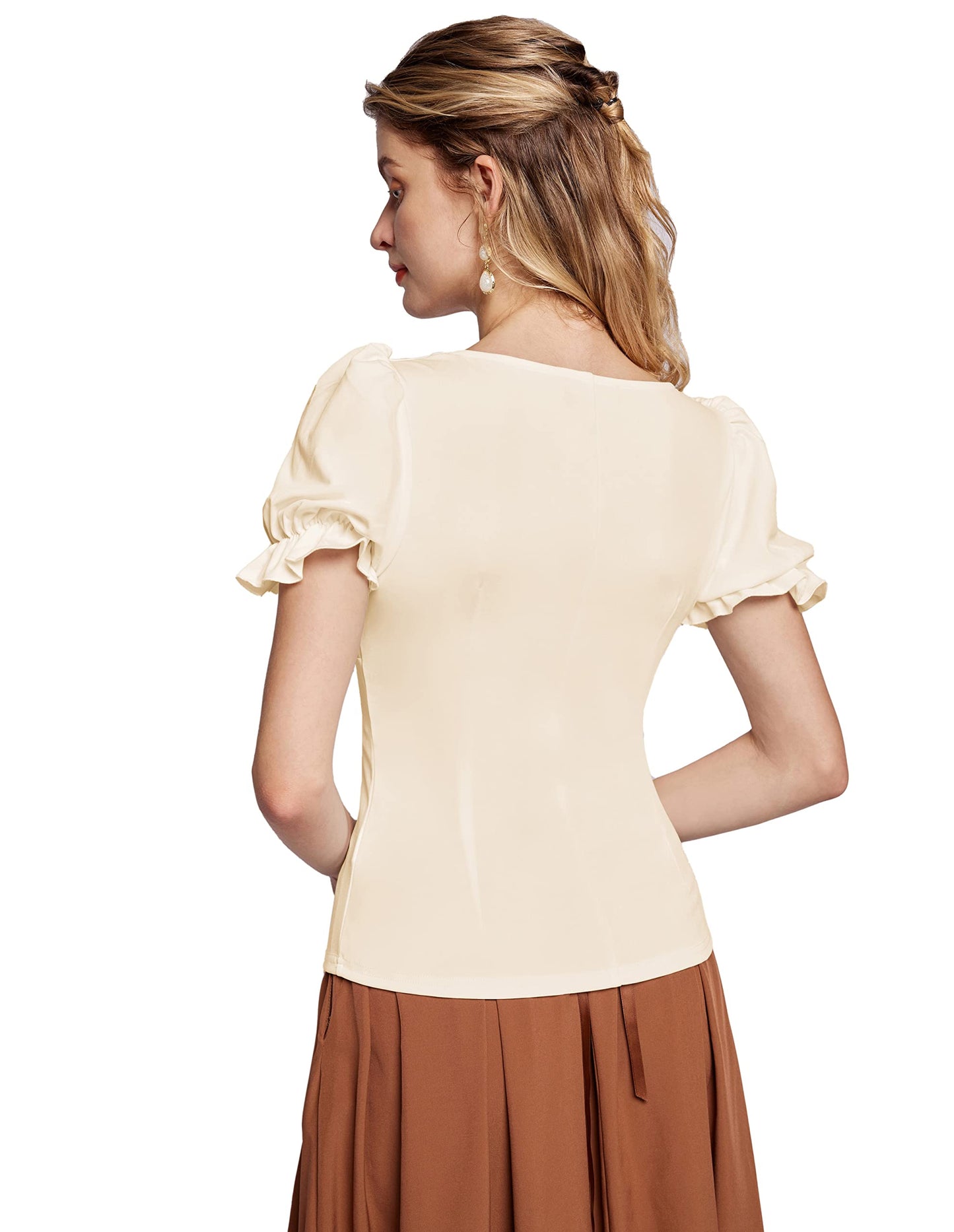 Womens Victorian Shirts Vintage Square Neck Ruffle Short Puff Sleeve Top Apricot M