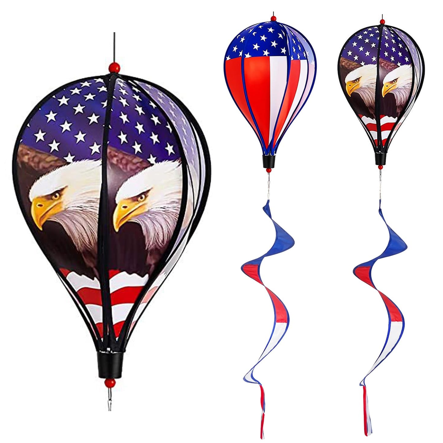 2 Pack 43-Inch Patriotic American Flag & Eagle Hot Air Balloon Wind Spinner Twister, Outdoor Hanging Windmill Decor for Garden Lawn Yard, Fourth of July, Memorial Day, and Veterans Day Decorations