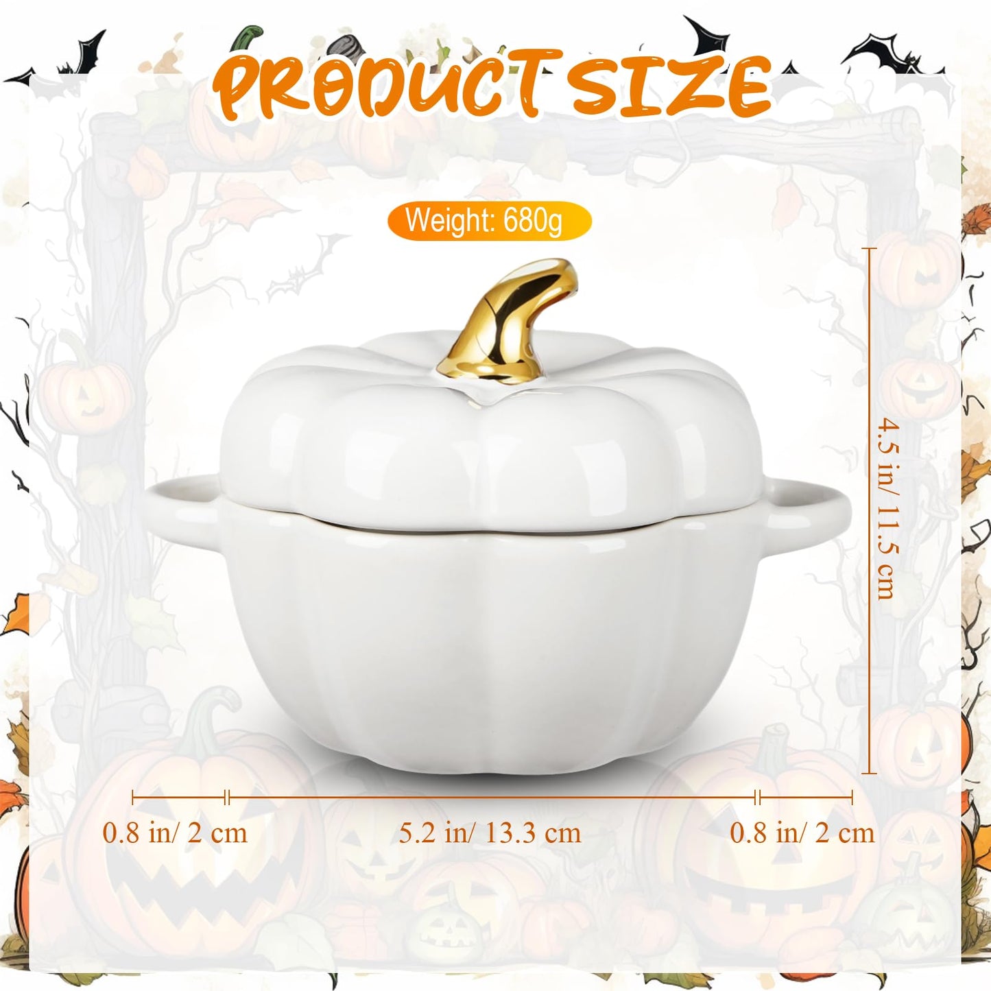 Yaomiao 6 Pcs Pumpkin Ceramic Bowl 15 oz Pumpkin Soup Bowl Pumpkin Shape Storage Jar with Lid and Handles for Home Halloween Party Kitchen Tableware(White)