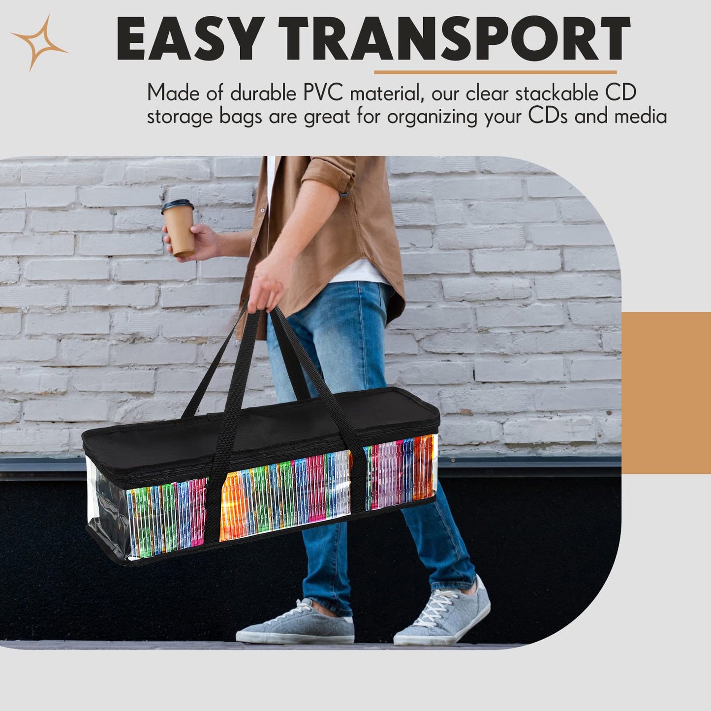 Woanger 10 Pieces CD Storage Bags Transparent PVC DVD Storage Cases Water Resistant CD DVD Holder with Handles and Zipper Clear Media Organizer for Albums Video Games(Black)