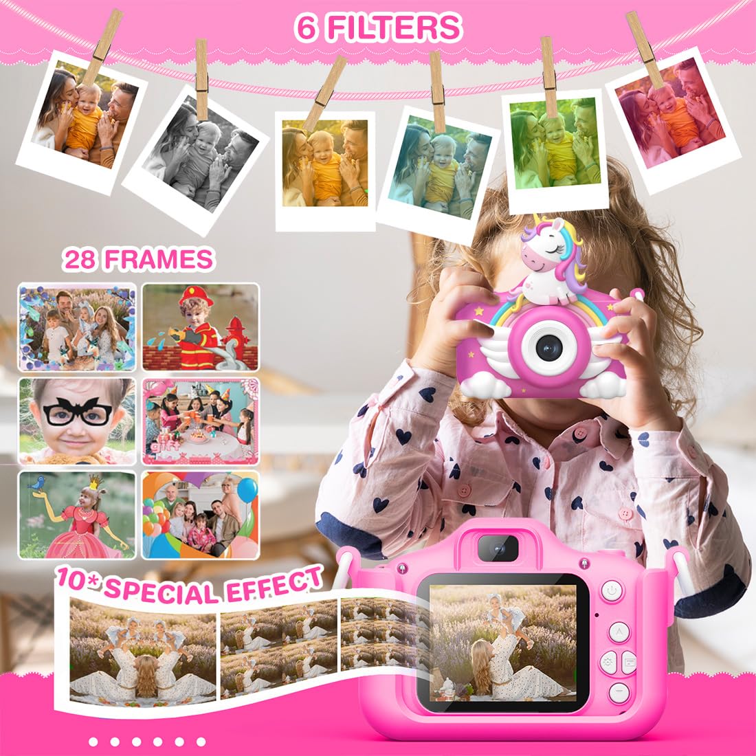 Wembley Kids Camera 3+ Year Old Girl Gift 32GB SD Card 1080P HD Video Adorable Selfie Unicorn Digital Toddler Camera for Kids Toys Boys Birthday Gift for 3-12 Years Old Girls - Pink