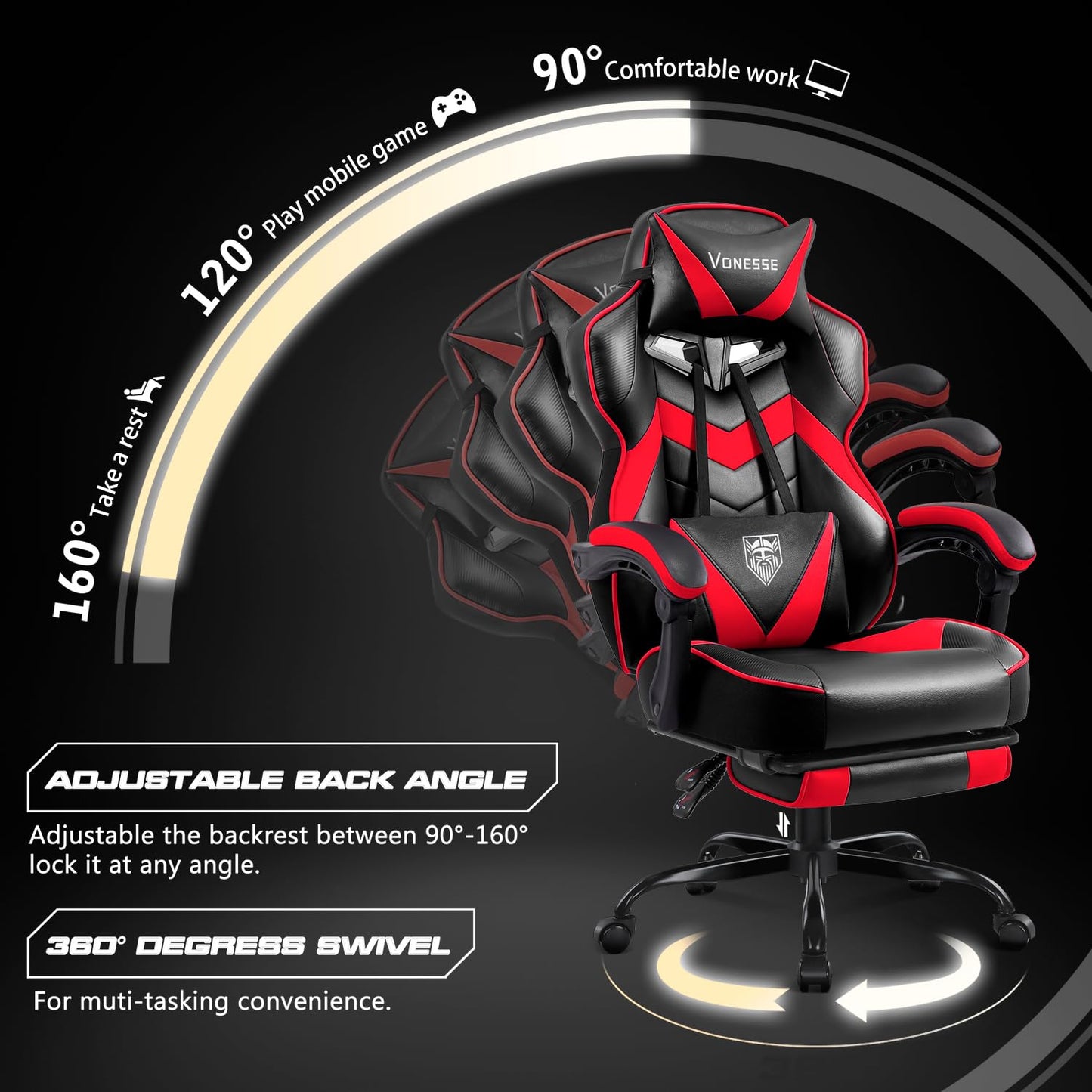 Vonesse Gaming Chair,Computer Chair with Footrest and Massage,Reclining Gaming Chairs for Adults,Big and Tall High Back Gamer Chair (Red/Black)