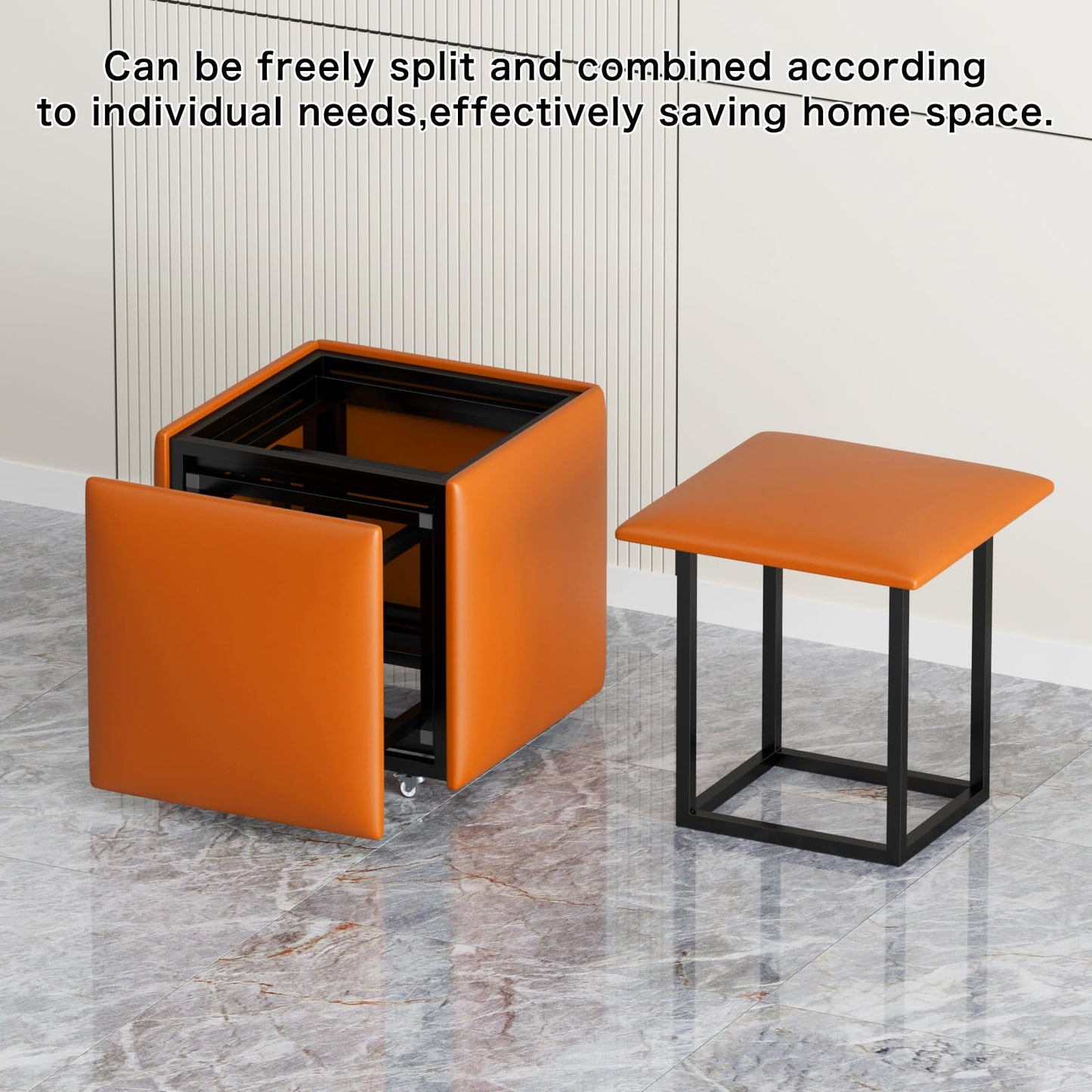 5-Piece Makeup Stool with Wheels, PU Leather Footrest Stool Ottoman Seat Vanity Stool, 5 in 1 Metal Frame Foot Rest Ottoman for Living Room, Bedroom, Orange