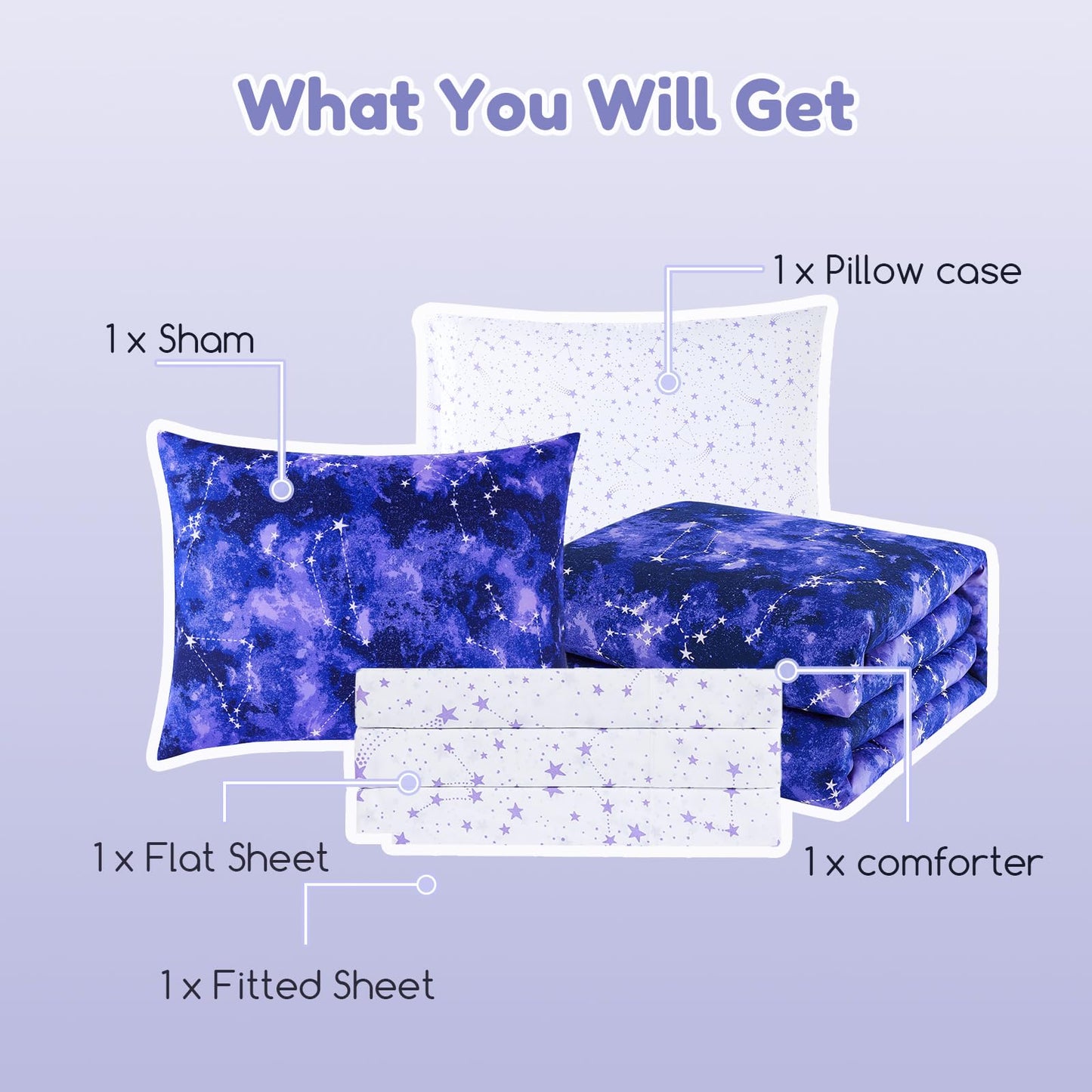 Wink Deer Twin Comforter Set - 5 Pieces Girls Boys Galaxy Glow in The Dark Twin Bedding Sets for Kids, Ultra Soft Bed in A Bag with Sheets