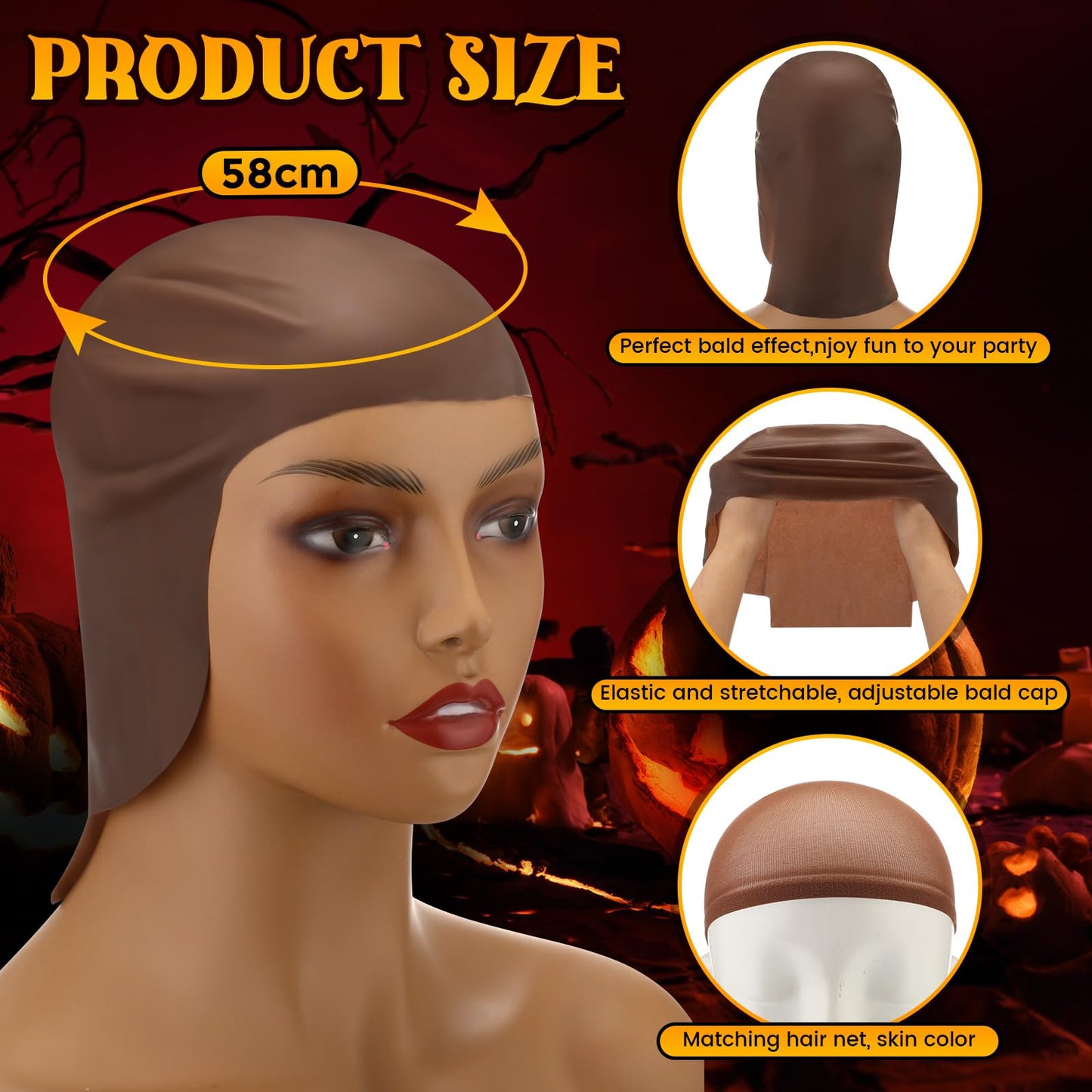 WILLBOND 4 Pcs Halloween Bald Caps Makeup Latex Bald Caps Head Wig hat Costume Accessories for Adults(Dark Brown,Classic Style)