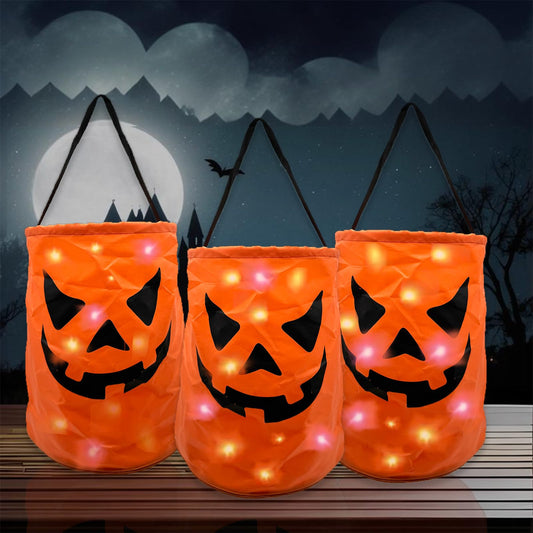 3PCS LED Light Halloween Candy Bags Light Up Halloween Party Bags Trick or Treat Goody Buckets with Pumpkin Smile Face Multipurpose Reusable Halloween Favor Gift Bags for Party Supplies Favors