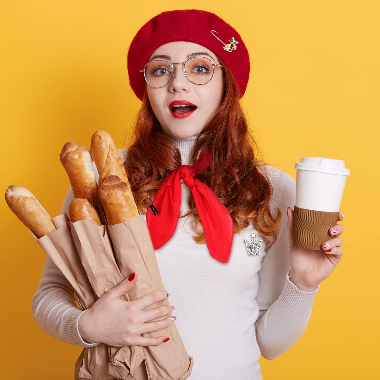 6 Pcs French Red Beret Hat Set Women Girls French Themed Party Accessories Retro Chiffon Scarf Oval Sunglasses Gloves Alloy Brooch for Costume Accessories