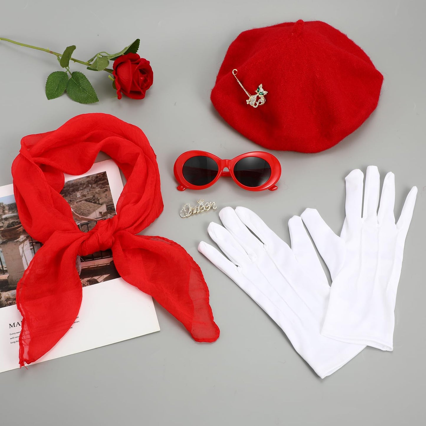 XEPST 6PCS French Women set - 50s Fancy Dress for Women with French Beret Sunglasses Scarf Gloves French Artist Mime Kit for Women Girls Halloween Costumes Cosplay Carnival Fancy Dress Up, Red, MT214