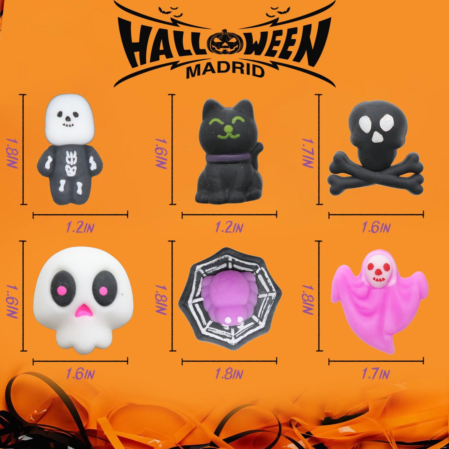 50 Pcs Halloween Mochi Squishy Toy Party Favors ,Mini Squishies Cute Squeeze Toy Stress Reliever Anxiety Packs for Boys and Girls