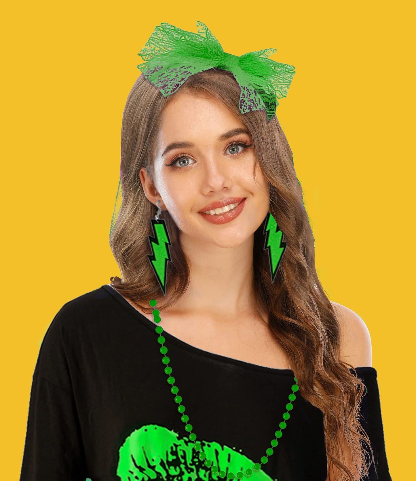 Women's 80s Costume Accessories Set，Lips Print Off Shoulder Tops Headband Leg Warmers Fishnet Gloves Printed Leggings (E-Green-tutu skirt, M)