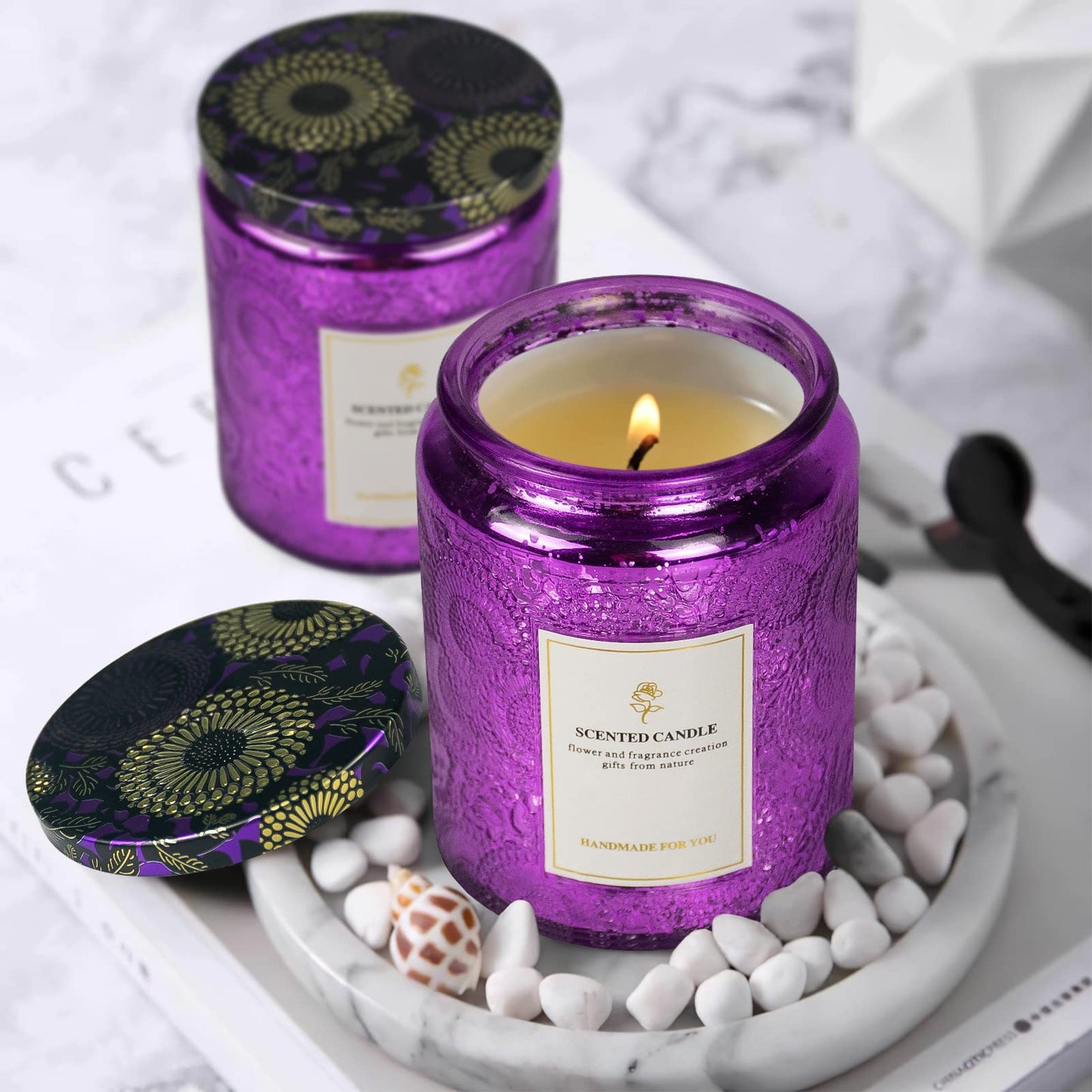 8.8oz Embossed Blinking Glass Candle Container, 9 Pack Electroplated Shining Candle Jar with Embossed Lid for Candle Making DIY Craft (Purple Embossed)