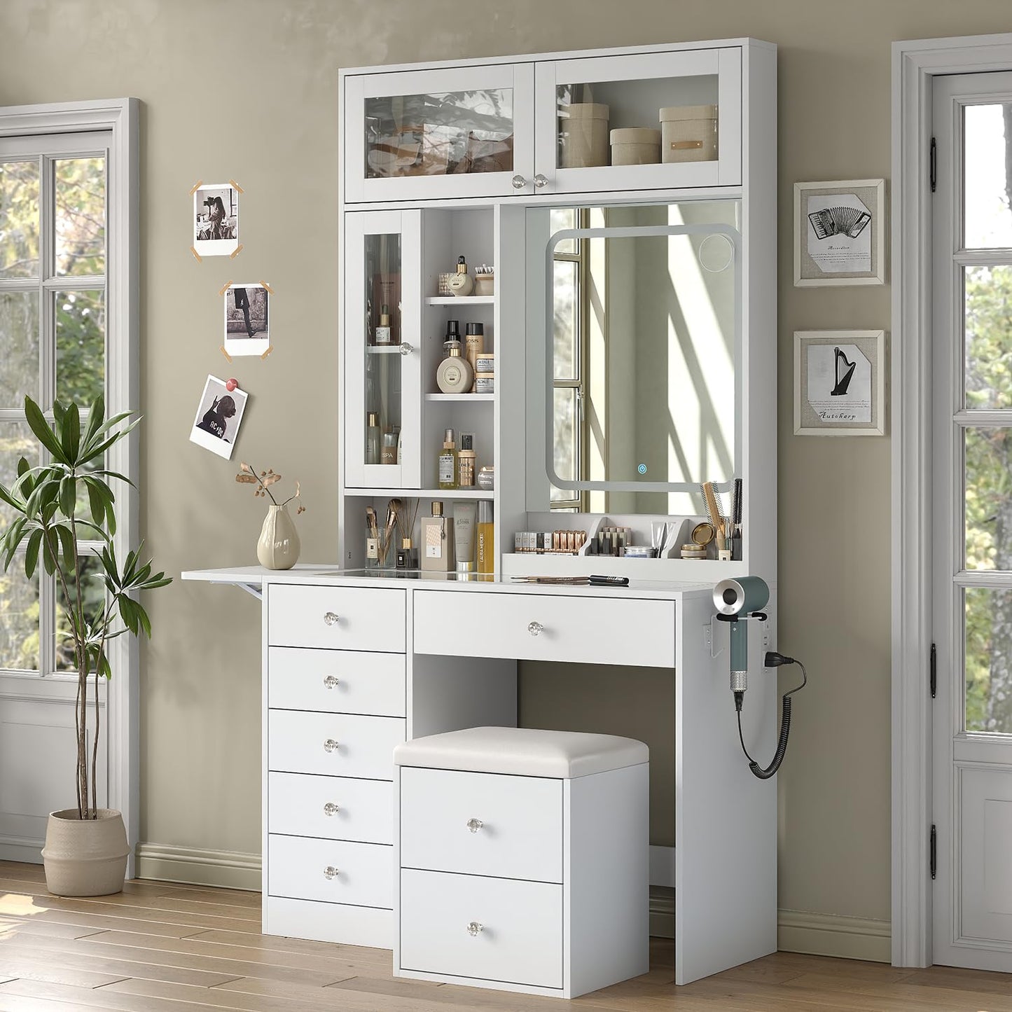 Yanosaku Vanity Desk with LED Mirror, 8 Drawers Makeup Vanity with 7 Shelves & 3 Cabinets, Fold-up Panel & Storage Stool, Dressing Table with Power Outlet, Glass Top Vanity Set for Bedroom, White