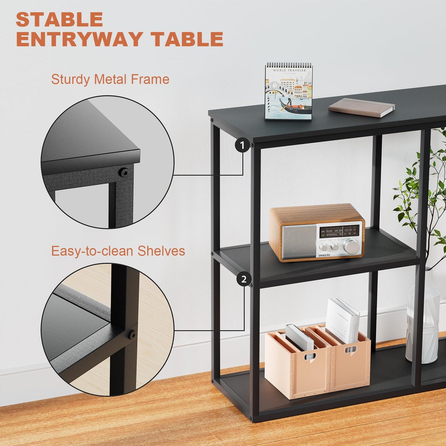 WOHOMO Console Table, 12'' Narrow Entryway Table for Living Room, 31.5'' x 31.5'' Black Industrial Sofa Table with 3-Tier Storage Shelves for Corridor, Hallway, Black
